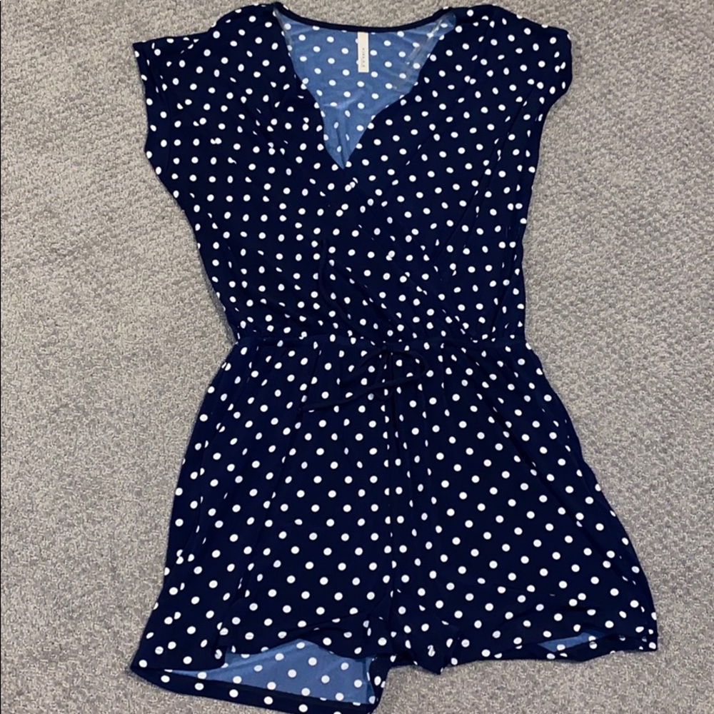 Navy Romper with Polka Dots